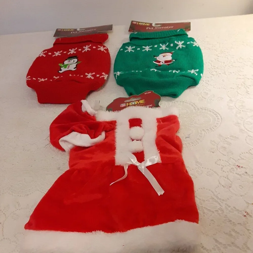 Lot of 3 Rite Aid (M) Red Mrs. Santa Suit w/Hat. Green & Red Holiday Sweaters.